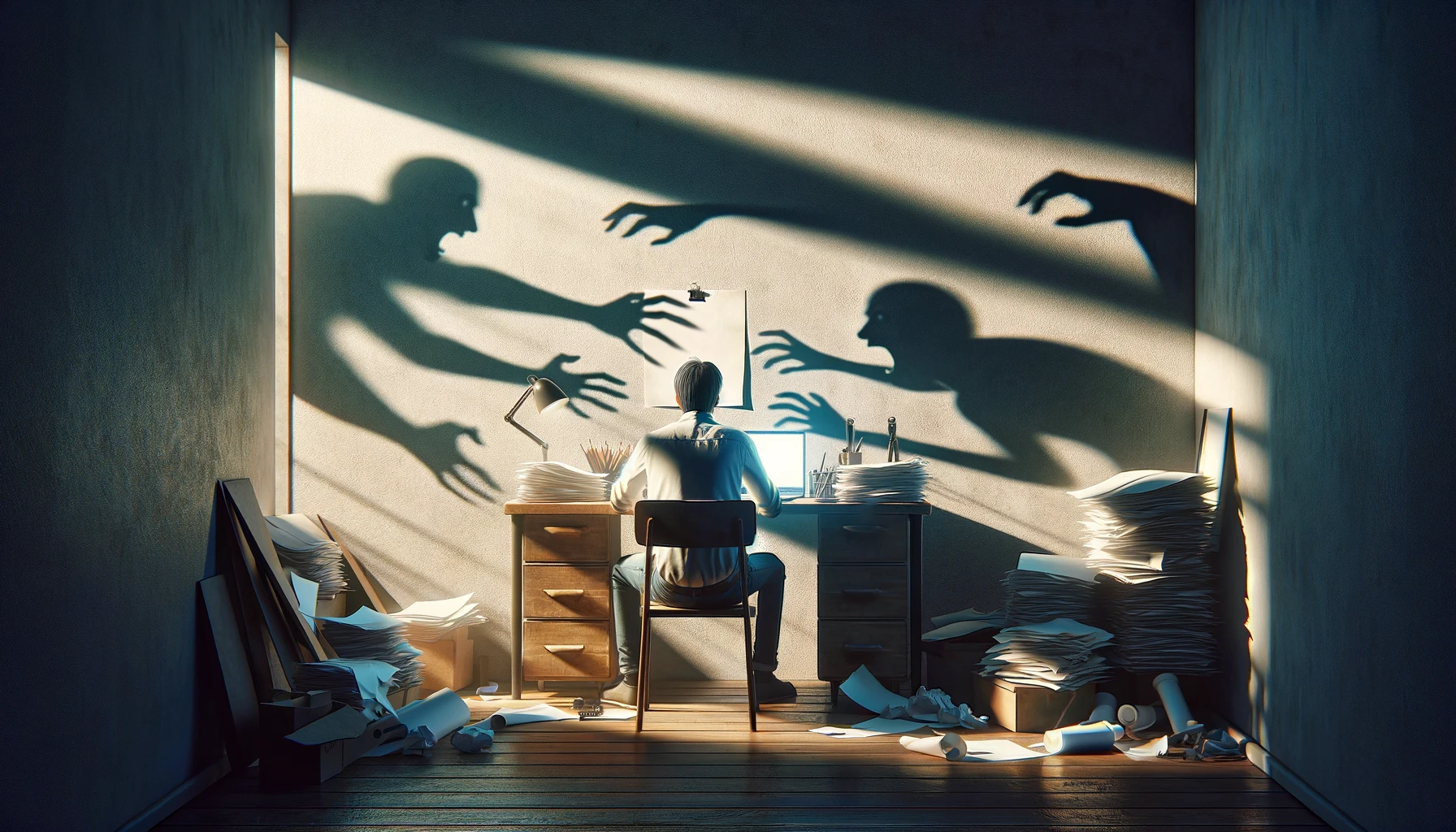 Man sitting at cluttered desk surrounded by dark shadows on the wall in from of him