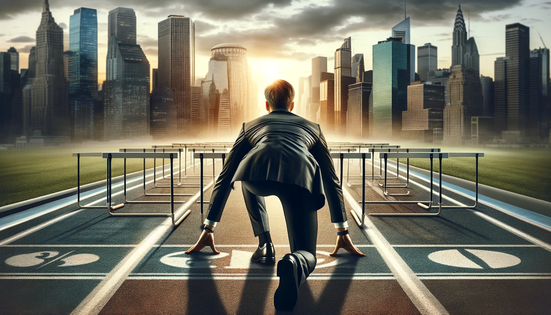 a runner in a suit gets ready to run down a track that leads to an urban city