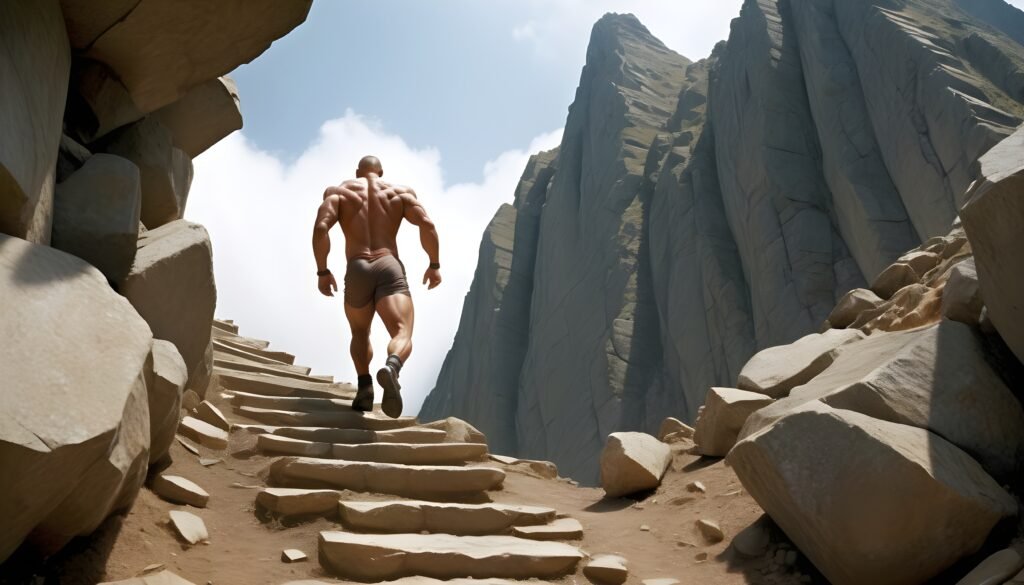 Muscular man climbing a rugged staircase up a mountainside.