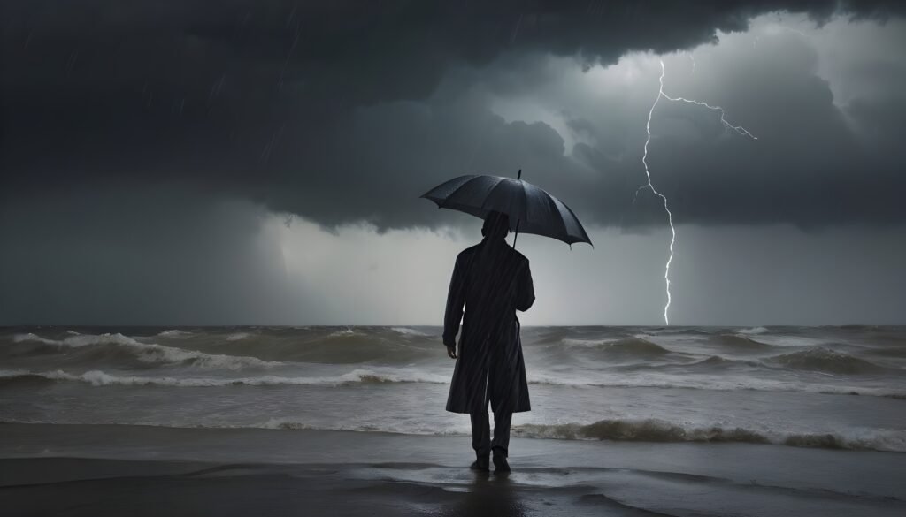 Man standing in thunderstorm on the beach